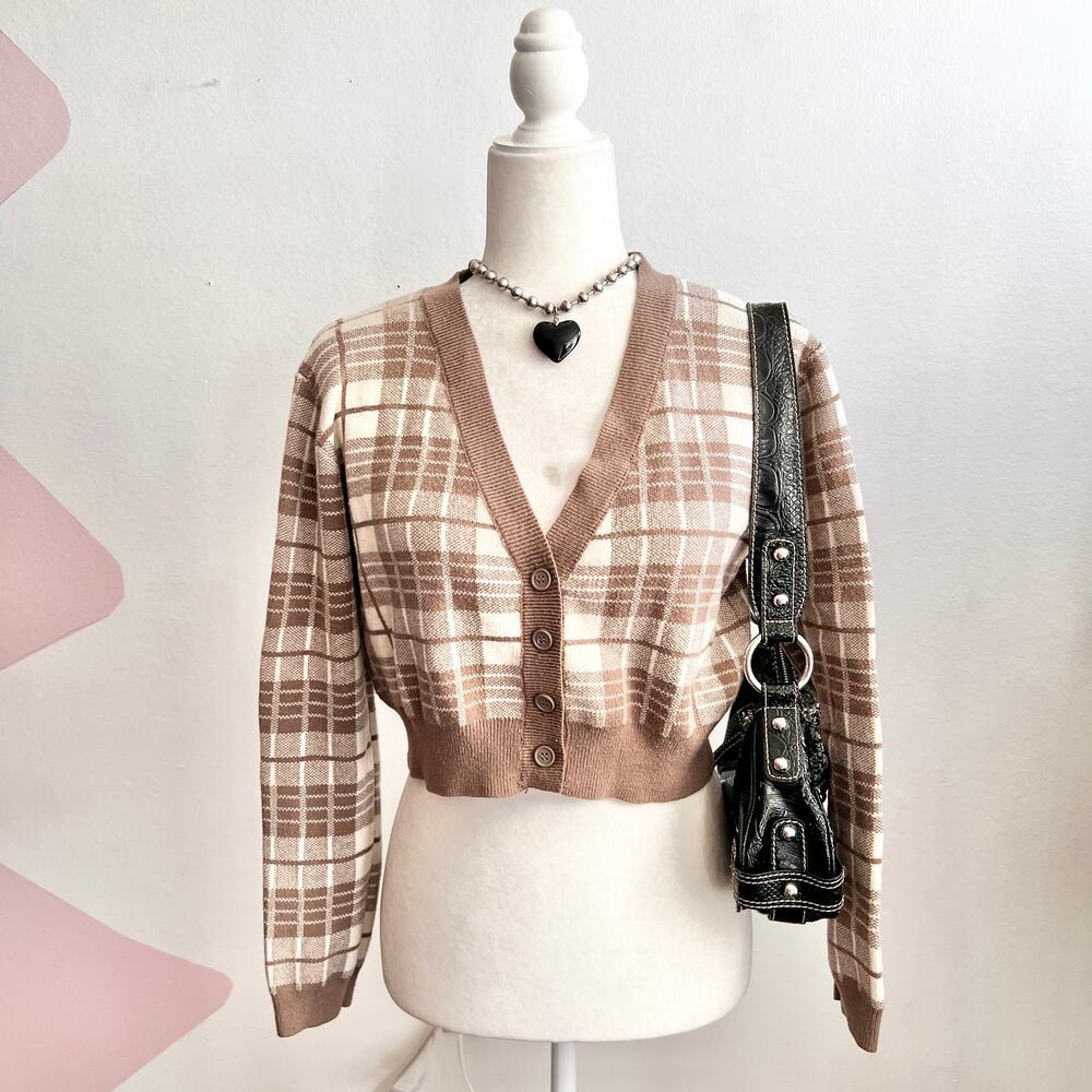 Brown Plaid Cardigan Cottagecore Academia Retro‎ Preppy Vintage Inspired Large